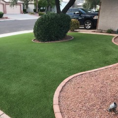 The artificial turf blends well with natural elements in a well-designed yard