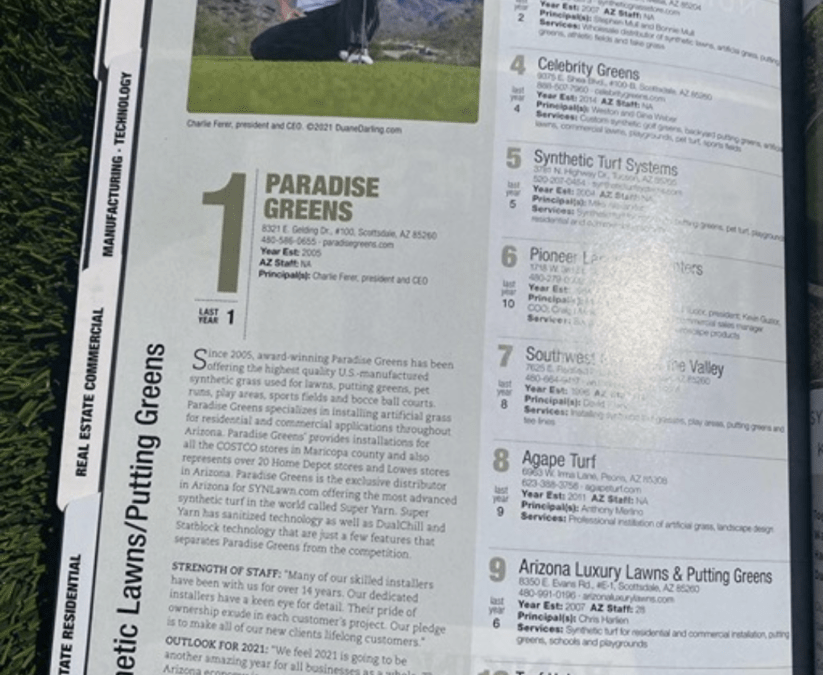 Paradise Greens Named #1 in Arizona for Artificial Grass & Putting Greens – Four Years Running!