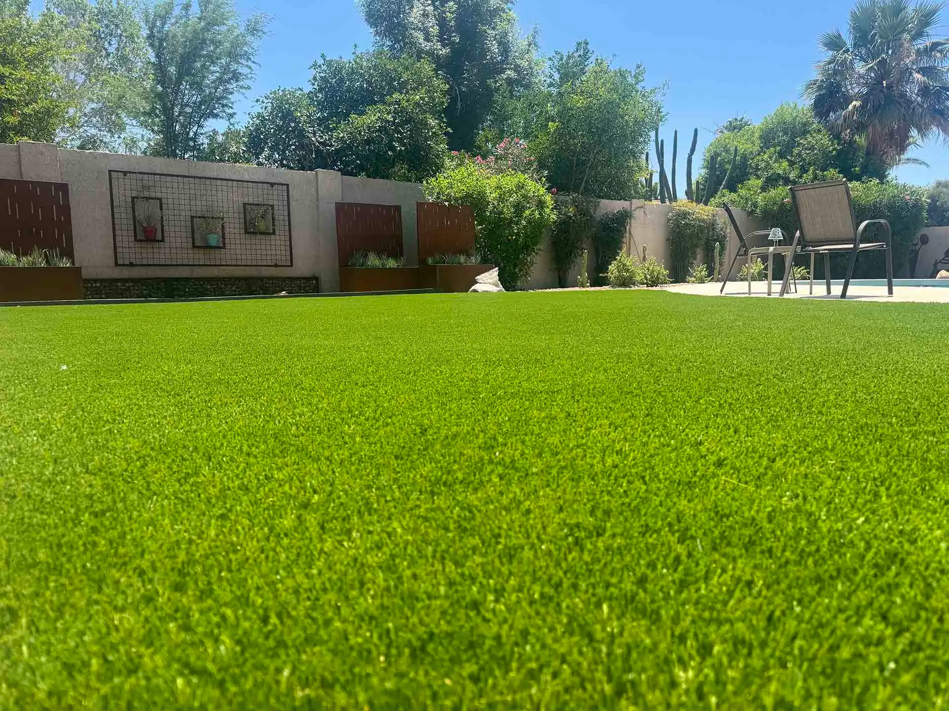 residential backyard artificial grass lawn